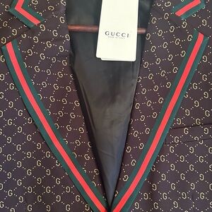 Men’s Gucci Monogram G Brown Men’s Blazer. Red/Green signature trim gold detail